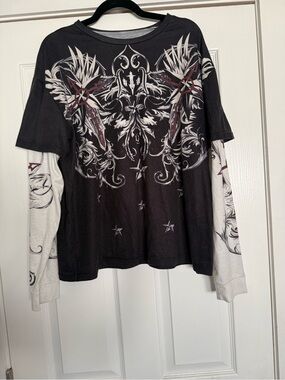 Black Graphic Layered-Look Long Sleeve Tee